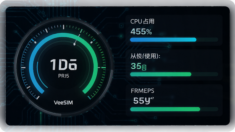 主体为VeeSIM的性能监控仪表盘,布局为圆形仪表与条形图组合,显示CPU占用率、内存使用情况、帧率FPS等数据,背景为深色科技风,风格为数据可视化设计,细节处数字清晰,配色为霓虹蓝绿,画质高清,干净,无多余元素,无文字