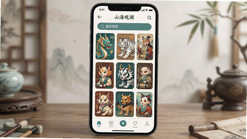 手机屏幕展示应用界面,主体为“山海观澜”APP首页,布局清晰,顶部为搜索栏,中间是九宫格形式的精美古风插画卡片,包含青龙、白虎等神兽形象,底部为导航栏,风格为清新淡雅的新中式UI设计,细节丰富,高清画质,无多余元素