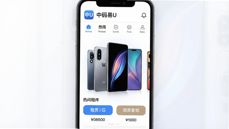 一张现代简约风格的手机应用界面展示图,主体为“中码易U”APP首页,顶部显示应用Logo和导航栏,中间区域展示几款热门智能手机的高清渲染图,下方排列着清晰的租赁按钮和价格标签,背景为柔和的白色渐变,整体布局整洁有序,无多余装饰元素,画质高清,色彩明亮,体现科技感与信任感