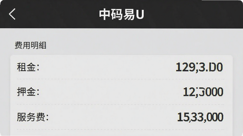 “中码易U”APP的订单详情页面截图,重点突出费用明细列表,包括租金、押金、服务费分项展示,数字清晰醒目,背景为浅灰色,强调数据的准确与透明,无干扰元素,高清文字渲染,体现严谨的商务风格
