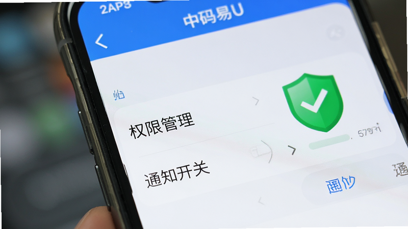 一个手机屏幕特写,显示“中码易U”APP的设置页面,重点高亮“权限管理”和“通知开关”选项,旁边有一个绿色的盾牌图标象征安全,背景虚化,突出操作界面的清晰度,无杂乱文字,高清细节,体现安全与合规