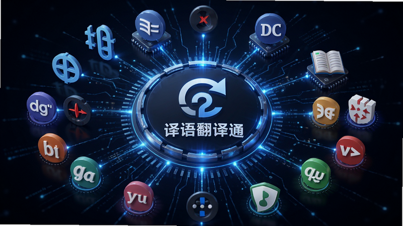 主体为翻译引擎概念图,中心为“译语翻译通”Logo,周围环绕多个语言符号,布局呈放射状,风格科技感强,细节丰富,画质清晰,干净,无多余元素