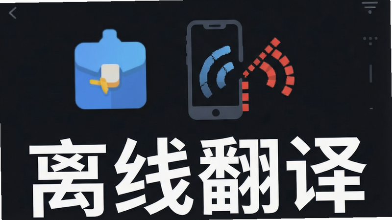 主体为离线数据包图标与手机信号断开状态示意,背景为深色模式,突出“离线可用”概念,风格扁平化,细节精致,画质高,干净,无多余元素,文字“离线翻译”醒目