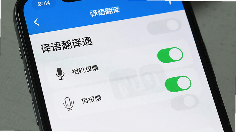 主体为手机设置界面,显示“译语翻译通”权限管理页面,高亮显示麦克风与相机权限开启状态,风格简洁,细节清晰,画质高,干净,无多余元素