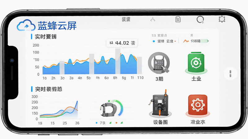 手机界面截图风格,显示实时数据图表和工业设备状态图标,包含