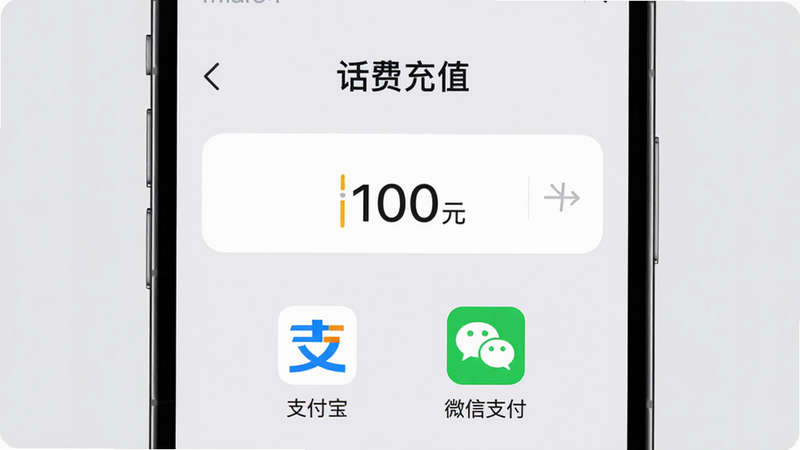 手机支付界面模拟图,显示“话费充值”页面,输入金额100元,下方有“支付宝”和“微信支付”图标,背景为浅灰色,布局居中,风格现代,4k,干净,无多余元素