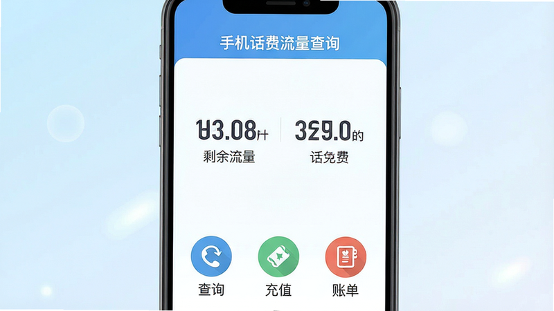 一张高清扁平化风格UI设计图,主体为手机屏幕界面,显示“手机话费流量查询”APP首页,界面中央有大号数字显示剩余流量和话费,底部有三个圆形图标分别代表查询、充值、账单,背景为淡蓝色渐变,布局整洁,无多余元素,文字清晰,4k分辨率,干净,无水印