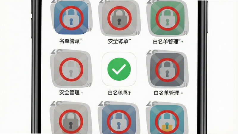 Boogu-Image 提示词:主体是手机应用商店界面,部分应用图标被灰色半透明遮罩覆盖并带有红色禁止符号,中间有一个绿色的对勾图标代表白名单应用,布局居中,风格扁平化设计,细节处体现安全锁元素,画质高清,干净,无多余元素,文字加引号“白名单管理”