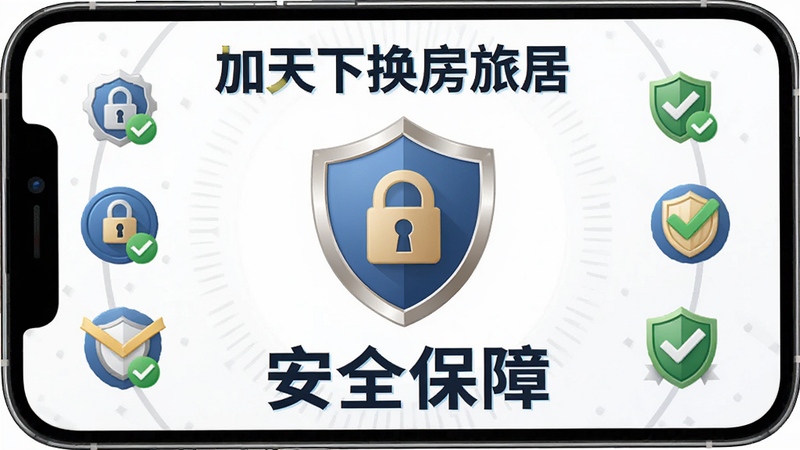 主体为手机界面,显示“加天下换房旅居”的安全保障中心,布局为盾牌图标居中,周围环绕认证标识,风格稳重可信,细节包含锁形图标和绿色对勾,画质清晰,干净,无多余元素,文字“安全保障”醒目