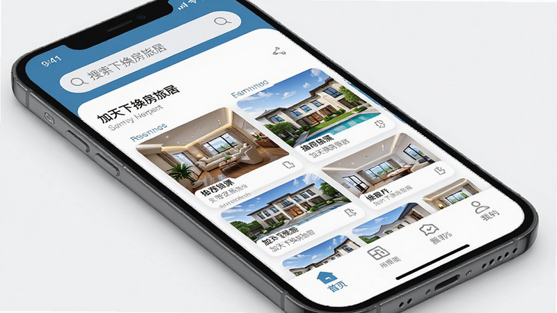 主体为手机界面,显示“加天下换房旅居”APP首页,布局清晰,顶部搜索栏,中部推荐房源卡片,底部导航栏,风格现代简约,细节包含高清房源图片,画质8k,干净,无多余元素,文字“加天下换房旅居”清晰可见