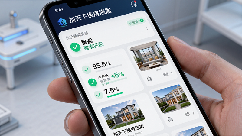 主体为手机界面,展示“加天下换房旅居”的智能匹配页面,布局为列表式,显示匹配度百分比和房源缩略图,风格科技感,细节包括绿色匹配图标,画质高清,干净,无多余元素,文字“智能匹配”突出