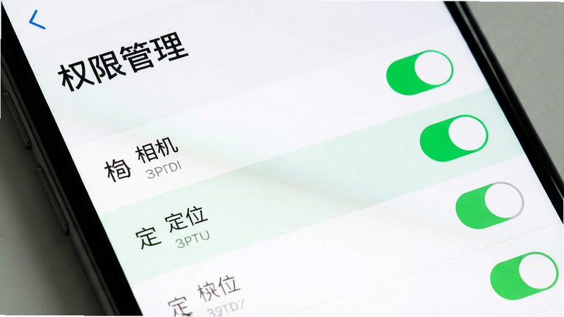 主体为手机设置界面,显示权限管理页面,布局为列表形式,高亮显示相机和定位权限开关,风格简洁,细节包括绿色开启状态图标,画质清晰,干净,无多余元素,文字“权限管理”清晰