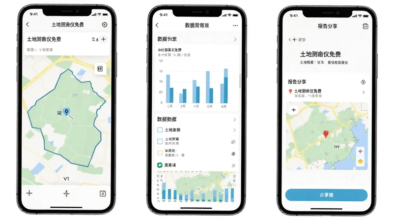 主体为三张手机截图拼贴,分别展示轨迹绘制界面、数据列表界面和报告分享界面,布局横向排列,排版整齐,风格为极简商务风,细节包含图表柱状图与地图缩略图,画质清晰,干净,无多余元素,文字显示