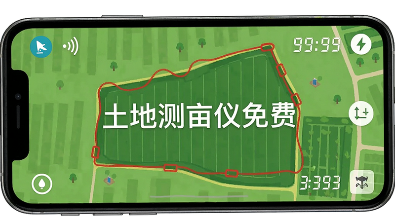 主体为手机屏幕界面,显示绿色农田地图与红色测量轨迹线,布局居中,排版简洁,风格为扁平化科技风,细节包含GPS信号图标与数字读数,画质高清,干净,无多余元素,文字显示