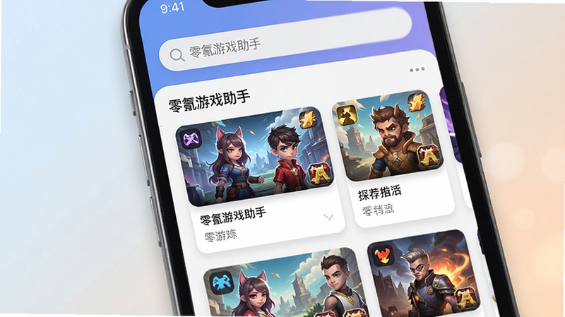 主体为手机屏幕界面,展示“零氪游戏助手”APP首页,布局采用顶部搜索栏+中部推荐游戏卡片流,排版整洁有序,风格为现代扁平化UI设计,细节包含清晰的图标阴影与柔和背景色,画质高清,干净,无多余元素,文字标签显示“零氪游戏助手”