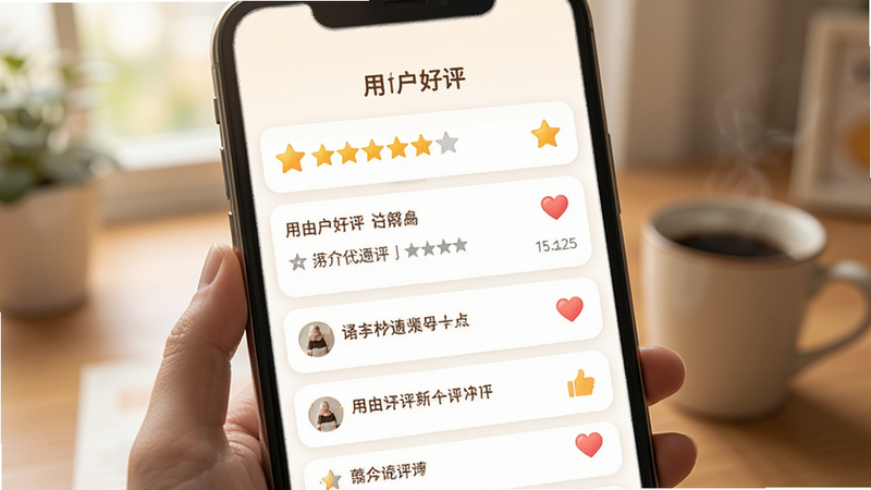 主体为用户评价星级与评论列表,布局为卡片式展示,排版清晰易读,风格温暖亲切,细节包含点赞图标,画质柔和,干净,无多余元素,文字显示“用户好评”