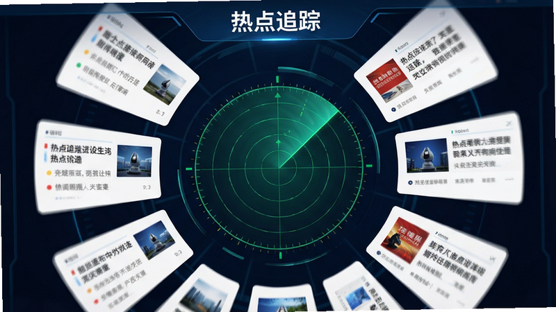 主体为雷达扫描界面与新闻列表,布局中心为旋转雷达,周围环绕新闻卡片,排版辐射状分布,风格动态且专业,细节包含扫描线特效,画质锐利,干净,无多余元素,文字显示“热点追踪”