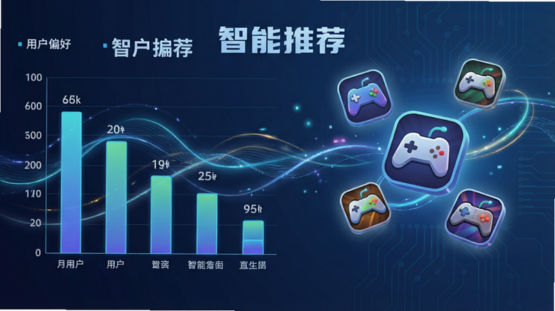 主体为数据可视化图表与游戏图标组合,布局左侧为柱状图展示用户偏好,右侧为悬浮的游戏图标,排版左右分明,风格科技感与游戏感结合,细节包含流动的光效线条,画质清晰,干净,无多余元素,文字显示“智能推荐”