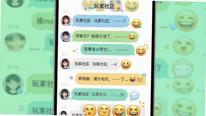 主体为聊天气泡与用户头像群组,布局呈瀑布流式对话界面,排版紧凑且清晰,风格轻松活泼,细节包含表情包点缀,画质明亮,干净,无多余元素,文字显示“玩家社区”