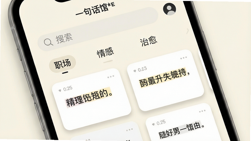 ����Ϊ�ֻ���Ļ��д��������ʾ��һ�仰�ݡ�APP��ҳ������Ϊ���ŵ��װ�ɫ���������������������������·������ǩ�硰ְ����������С������������������У��м�չʾ����������ʾ�ľ����̾俨Ƭ���Ű����ִ���������¼�Լ��ϸ�ڴ��������Ӱ�����ʸ��壬�ɾ��޶���Ԫ�أ����������ɼ�