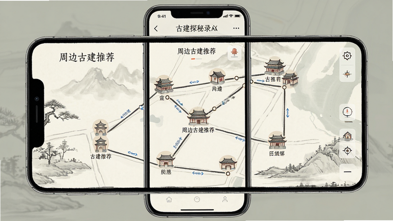 ����Ϊ�ֻ���ͼ���棬չʾ�Ž�̽��¼APP�����ߵ�ͼ���ܣ�����Ϊȫ����ͼ���Ű����������Ϊ����ˮī���ɫ��ϸ�ڴ���ע�˶���Ž�ͼ�꼰·�����ߣ�����ϸ�壬�ɾ����޶���Ԫ�أ����֡��ܱ߹Ž��Ƽ��������ɼ�