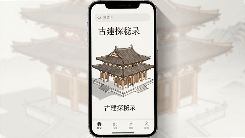 ����Ϊ�ֻ���Ļ��ʾ�ĹŽ�̽��¼APP���棬����Ϊ��������ʽ�Ķ�ģʽ���Ű�����������Ϊ���������в�չʾһ���������ƴ�ľ�����3D�߸�ͼ���ײ�Ϊ���ܵ����������Ϊ����ʽ�������壬ϸ�ڴ�����͵���ӰЧ�������ʸ��壬�ɾ��޶���Ԫ�أ����֡��Ž�̽��¼�������ɼ�