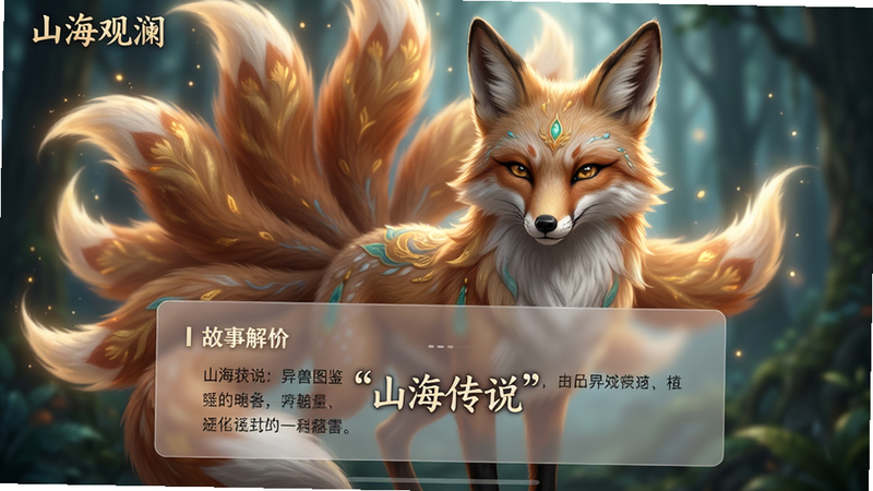 主体为《山海观澜》APP内的异兽图鉴详情页,布局分为上下两部分,上方是巨大的九尾狐高清特写,毛发质感逼真,下方是半透明的故事解说卡片,文字内容清晰可读。排版层次分明,风格为梦幻国风,细节包含发光的狐尾特效和背景中的虚化森林。画质极清,光影效果柔和,干净无水印,文字加引号“山海传说”。