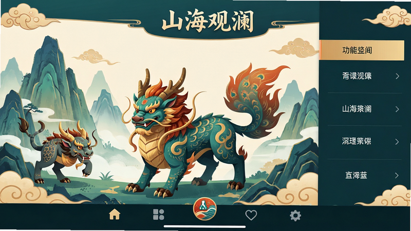 主体为《山海观澜》APP界面全景图,布局采用中心对称式设计,左侧展示山海经异兽高清插画,右侧为功能菜单栏,顶部显示软件Logo“山海观澜”,底部为导航栏。排版整洁有序,风格为中国风扁平化设计,细节处点缀祥云纹样。画质4K高清,色彩饱和度高,干净无多余元素,文字清晰可见。