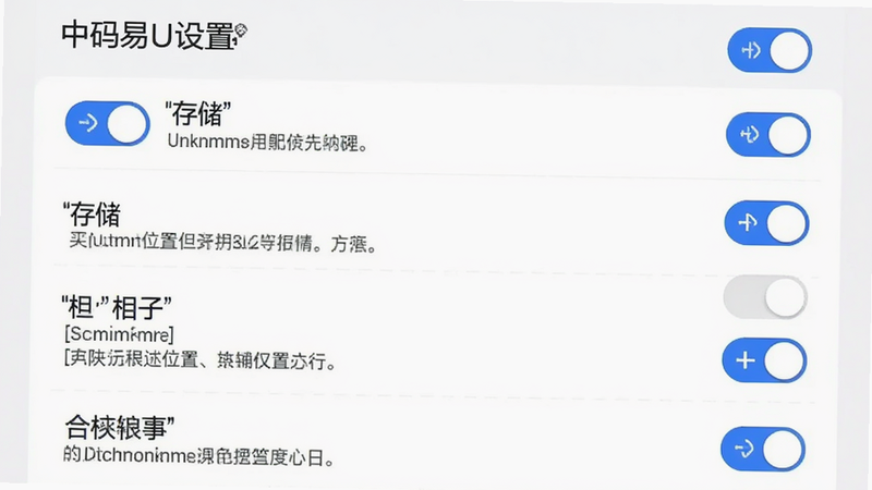 中码易U设置界面截图,显示权限管理列表,包括存储、位置、相机等权限开关,背景为白色,列表项清晰,开关为蓝色选中状态,布局垂直排列,风格简洁,细节包含权限描述文字,高清UI设计,中文显示,无多余图标