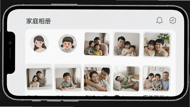 չʾ��������ʱ�⡱APP�����ͼ������Ϊ�ֻ���Ļ����ʾ��ͥ����б�������Ϊǳ��ɫ����UI���Ű����룬����ִ���ƽ����ϸ�ڰ�����ͥͷ�����Ƭ����ͼ�������������ɾ����޶���Ԫ�أ����֡���ͥ��ᡱ