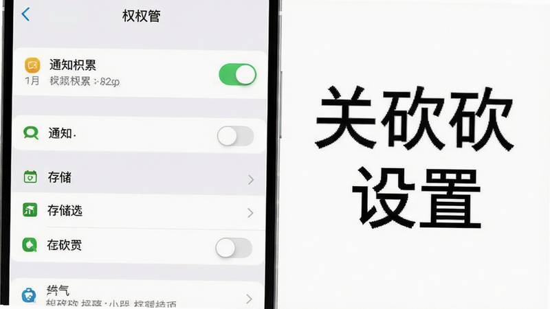 主体为手机设置界面截图,布局展示权限管理列表,排版清晰易读,风格系统原生UI,细节处包含通知权限开关与存储选项,画质清晰,干净,无多余元素,画面右侧显示文字“关砍砍 设置”