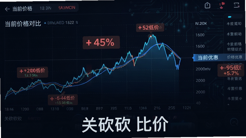 主体为价格走势图界面,布局展示折线图与当前价格对比,排版紧凑信息密度高,风格科技感强,细节处包含历史低价标记与当前优惠提示,画质精细,干净,无多余元素,画面底部显示文字“关砍砍 比价”