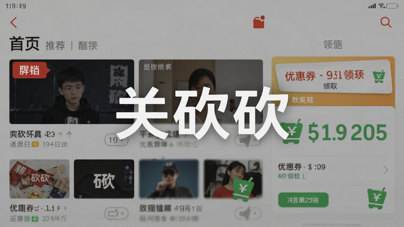 主体为手机应用界面截图,布局清晰展示首页推荐位与优惠券领取入口,排版采用扁平化设计,风格现代简约,细节处体现红色促销标签与绿色省钱图标,画质高清,干净,无多余元素,画面中央显著显示文字“关砍砍”