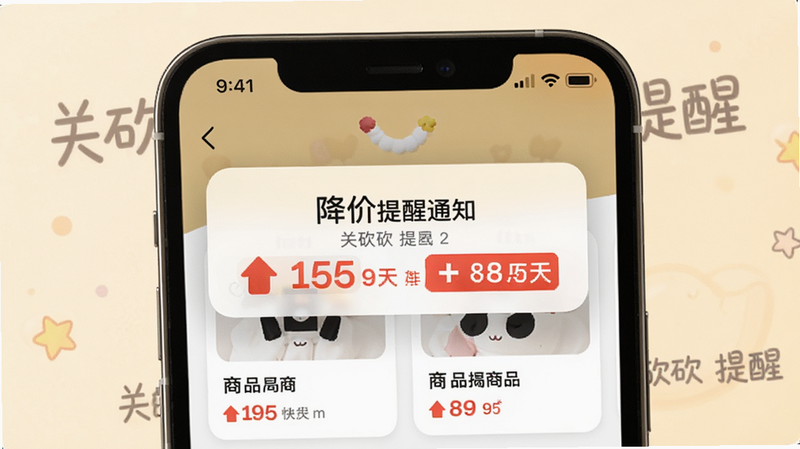 主体为降价提醒通知界面,布局展示手机状态栏弹窗与商品卡片,排版简洁明了,风格温馨亲切,细节处包含降价幅度红色高亮显示,画质真实,干净,无多余元素,画面背景显示文字“关砍砍 提醒”