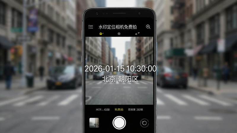 主体为一部现代安卓智能手机,屏幕显示“水印定位相机免费拍”应用界面,界面中央是相机取景框,叠加了半透明的白色水印文字“2026-01-15 10:30:00”和“北京朝阳区”,背景为模糊的城市街道,风格为写实UI设计,高清,无多余元素