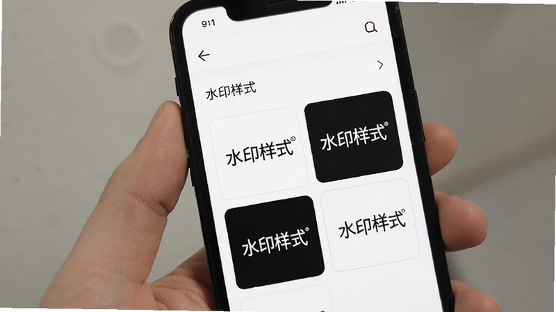 主体为手机屏幕上的设置页面,展示“水印样式”选项,下方排列着几个不同的水印预览框,分别显示不同的文字和图标,界面简洁,背景为白色,风格为极简UI设计,高清,干净