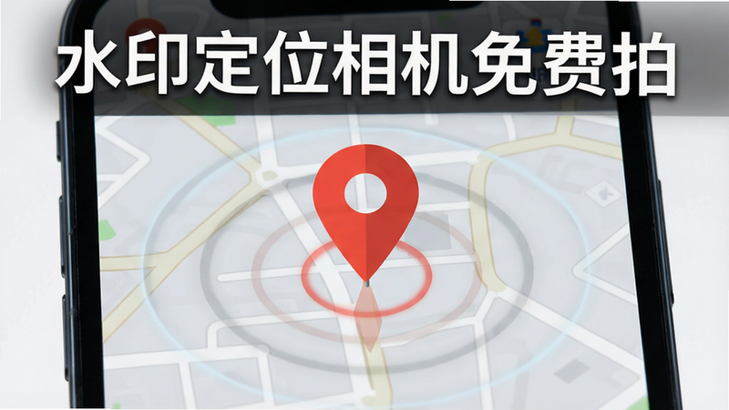 主体为手机地图界面特写,显示一个红色的定位大头针,周围有同心圆波纹扩散效果,屏幕上方显示“水印定位相机免费拍”字样,背景为浅灰色地图底纹,风格为科技扁平化,细节清晰,高画质