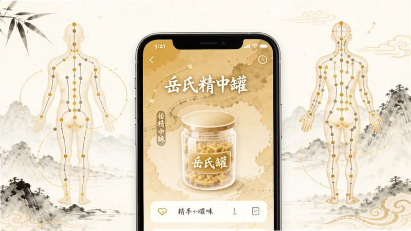 画面中心展示一部智能手机,屏幕显示“岳氏精中罐”APP界面,背景为淡雅的中式水墨风格,周围漂浮着抽象的经络穴位图,整体色调为暖黄色与白色,高清,无杂乱元素,干净简洁
