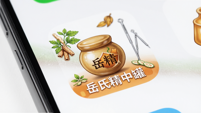 手机桌面图标特写,显示“岳氏精中罐”APP图标,周围有简单的中医元素装饰如草药、针灸针,背景为纯白色,简洁明快,高清,无多余文字