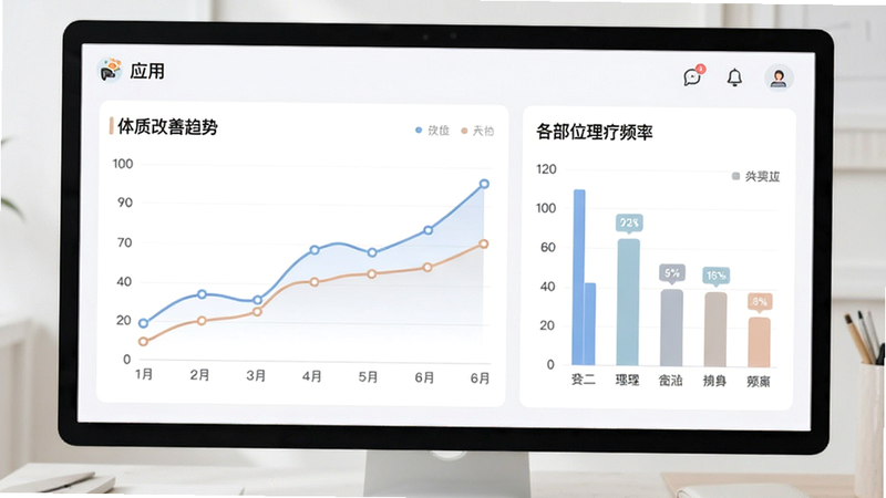 展示应用内的数据图表界面,包含折线图显示“体质改善趋势”,柱状图显示“各部位理疗频率”,界面设计简洁现代,色彩柔和,强调数据可视化,高清,无文字重叠