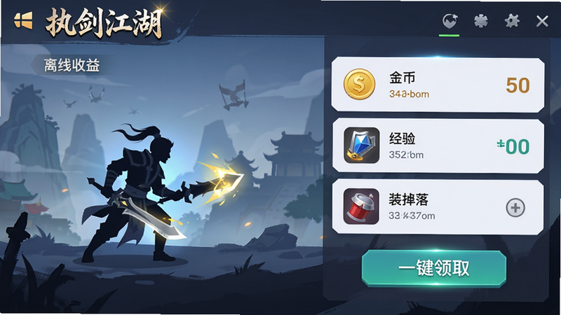 主体为《执剑江湖》挂机收益界面,布局清晰,左侧显示角色自动战斗剪影,右侧列出金币、经验、装备掉落列表,排版简洁明了,风格扁平化UI设计,细节处有光效点缀,画质高清,干净,无多余元素,文字包含