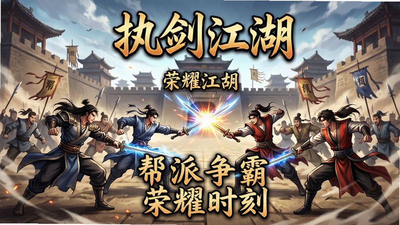 主体为《执剑江湖》帮派战场景,布局宏大,中央显示两队侠客对战的激烈场面,背景为古代城池,排版具有纵深感,风格热血动漫渲染,细节处有剑气特效,画质震撼,干净,无多余元素,文字包含