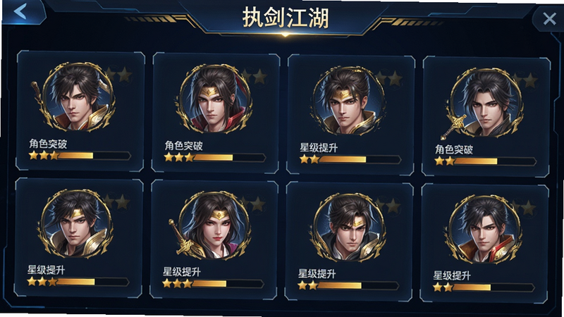 主体为《执剑江湖》角色养成面板,布局为网格状展示多个角色头像及等级进度条,背景为深蓝色科技感界面,排版规整,风格现代手游UI,细节处有金色高光,画质锐利,干净,无多余元素,文字包含