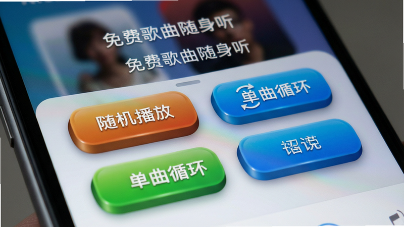 “免费歌曲随身听”APP的播放模式切换界面特写,展示“随机播放”、“单曲循环”等选项按钮,按钮设计立体感强,色彩鲜明,背景虚化以突出前景UI元素,体现软件的交互细节,高清,无水印
