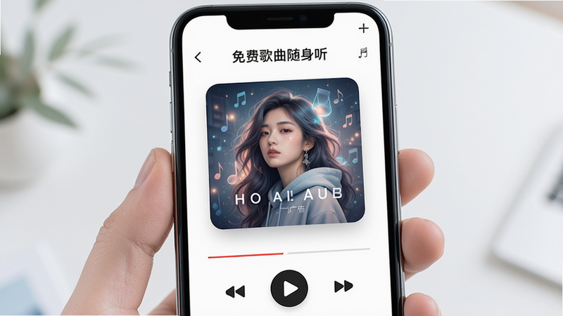 手机屏幕上展示“免费歌曲随身听”的播放界面,界面中央是一个精美的专辑封面,下方有播放控制按钮,背景干净无广告元素,突出“纯净”和“无广告”的概念,视觉风格清新,细节精致,高清渲染