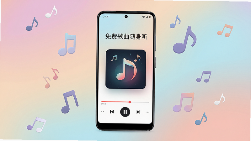 一部最新的安卓智能手机居中放置,屏幕显示“免费歌曲随身听”应用界面,背景为柔和的渐变色,界面清晰展示正在播放的歌曲封面和进度条,周围漂浮着几枚抽象的音符图标,风格现代简约,高清质感,无多余元素