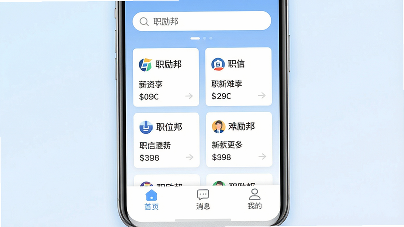 һ�Ÿ����ƽ������Ӧ�ý���չʾͼ������Ϊְ����APP��ҳ���棬������������������������ʾ��ְ������м�չʾ���ְλ��Ƭ��������˾Logo��ְλ���ƺ�н�ʷ�Χ���ײ�������������ҳ����Ϣ���ҵ�����ͼ�꣬����Ϊ����ɫ���䣬�������ִ���Լ���޶���Ԫ�أ����������ɾ���16:9����