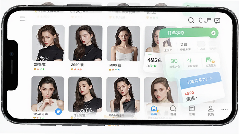 ����Ϊ�ֻ���Ļ���棬��ʾ����ģ��APP��ҳ����������������ģ��ͷ���б�������״̬���͵ײ������˵����Ű����룬����Լ�ִ���ϸ�ڰ�������ģ����Ƭ����ͼ�����ʸ��壬�ɾ����޶���Ԫ��