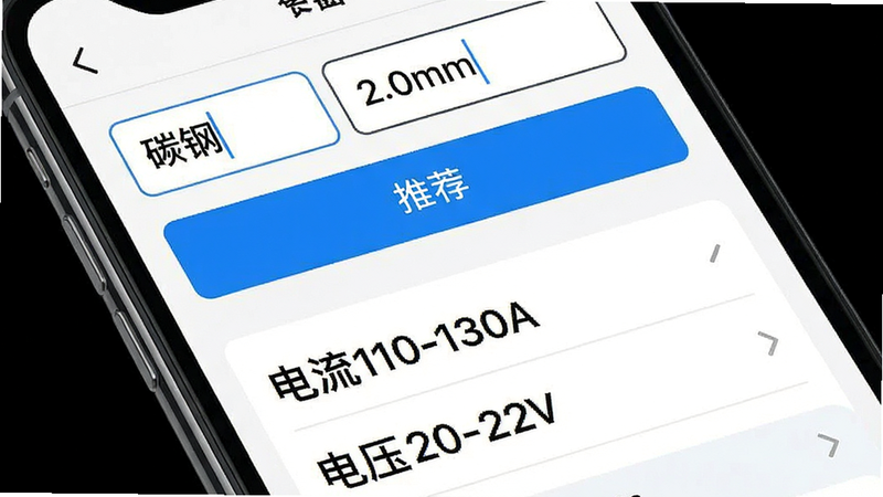 �ֻ������ͼ�����ʾһ������������ҳ�棬���������д��̼�֡�����2.0mm�����·��г�������110-130A��������ѹ20-22V�����Ƽ�ֵ���������ִ�����ɫ��������ɫ���֣���ɫ��ť�������������޸���Ԫ�أ��߱���UI��ƣ�ϸ�ھ��£���ˮӡ