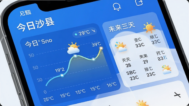 主体为“今日沙县”APP天气模块特写,布局展示温度曲线图与未来三天预报卡片,排版清晰,风格科技蓝调,细节包含云朵与太阳图标动画效果,画质清晰,无多余元素